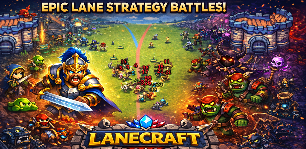 Lanecraft gameplay showing units battling across lanes